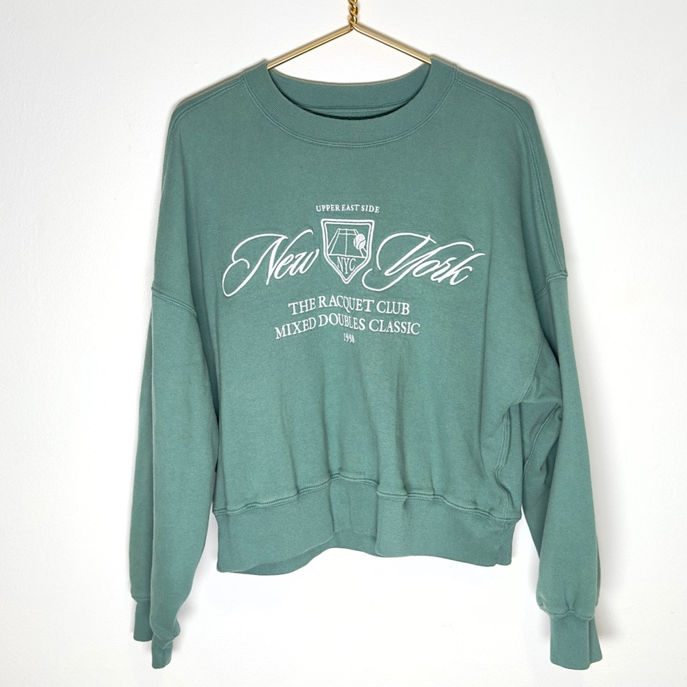 Abercrombie Graphic Pullover Sweatshirt Cropped Green Tennis Classic New York L